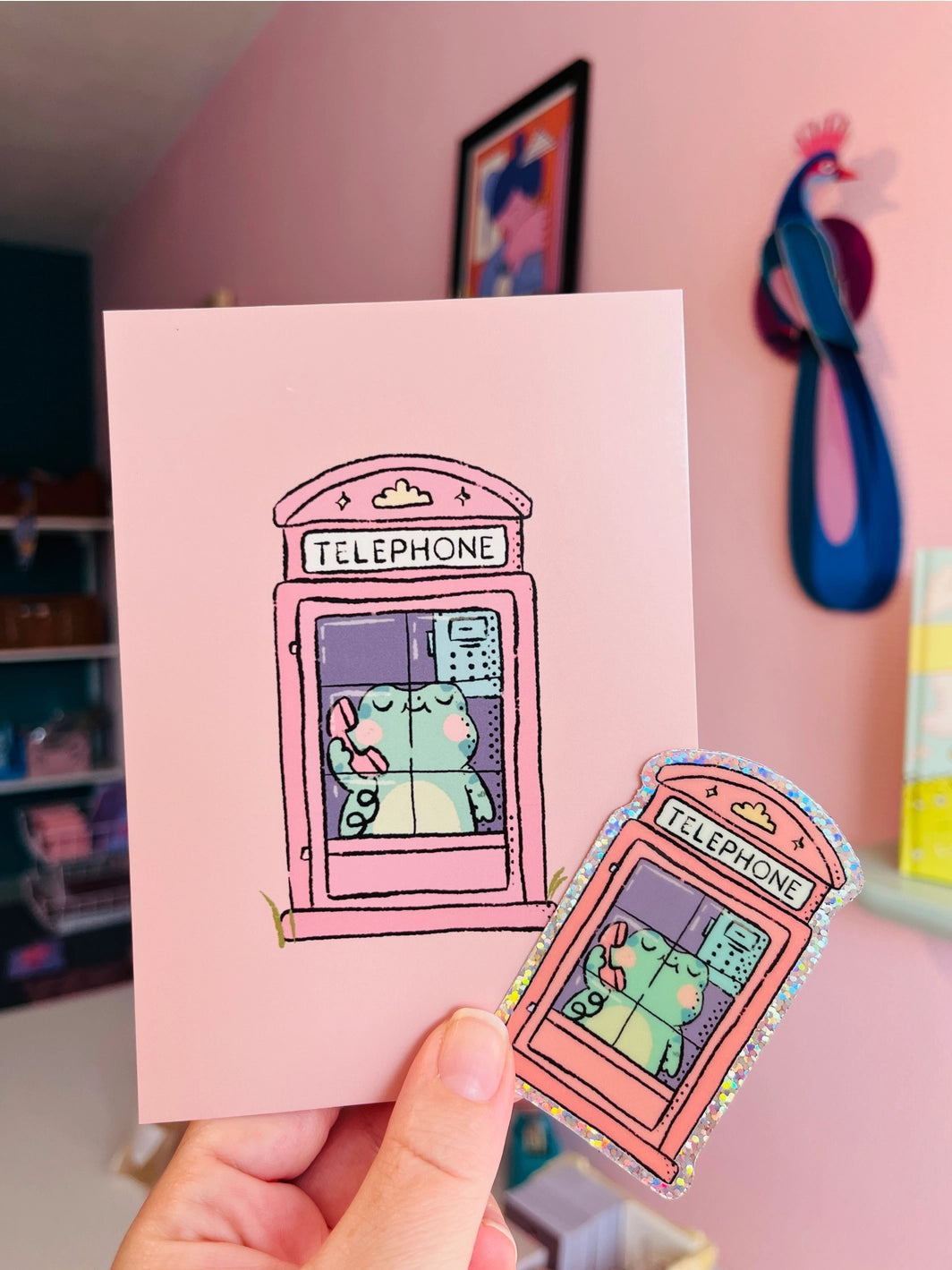 Bloemkolie Wenskaart - Kikker in telefooncel A6