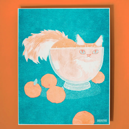 Bromstad Printing Co. - Risograph Art Print 'Orange Cat in a Bowl' 28x36cm