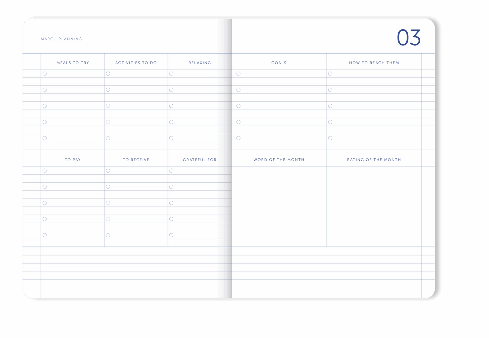 Agenda spread for March planning with sections for meals, activities, goals, and reflections.