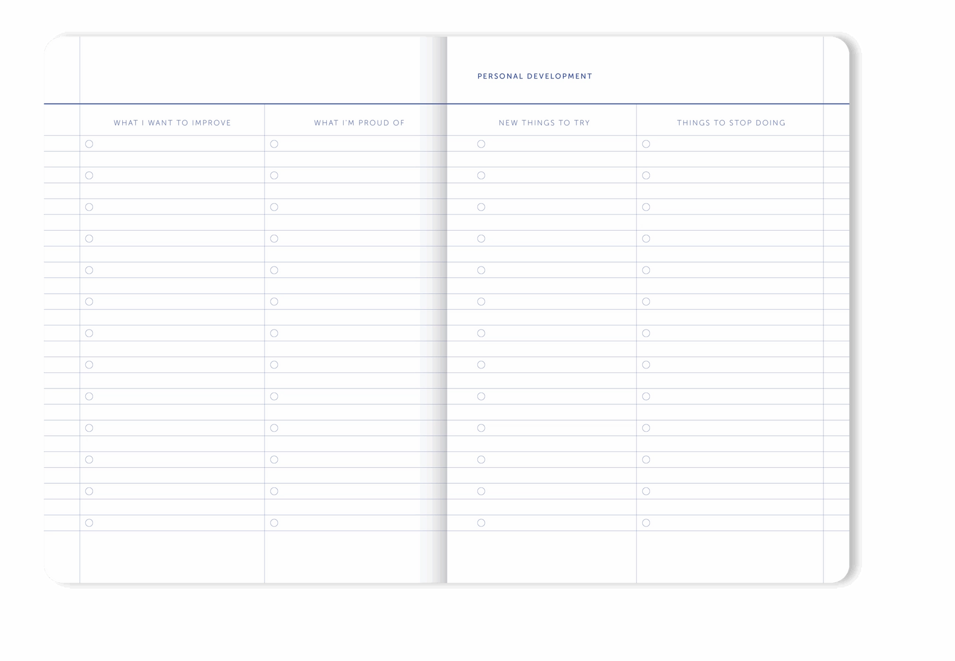 Agenda personal development page with sections for improvement goals, achievements, new experiences, and habits to stop.