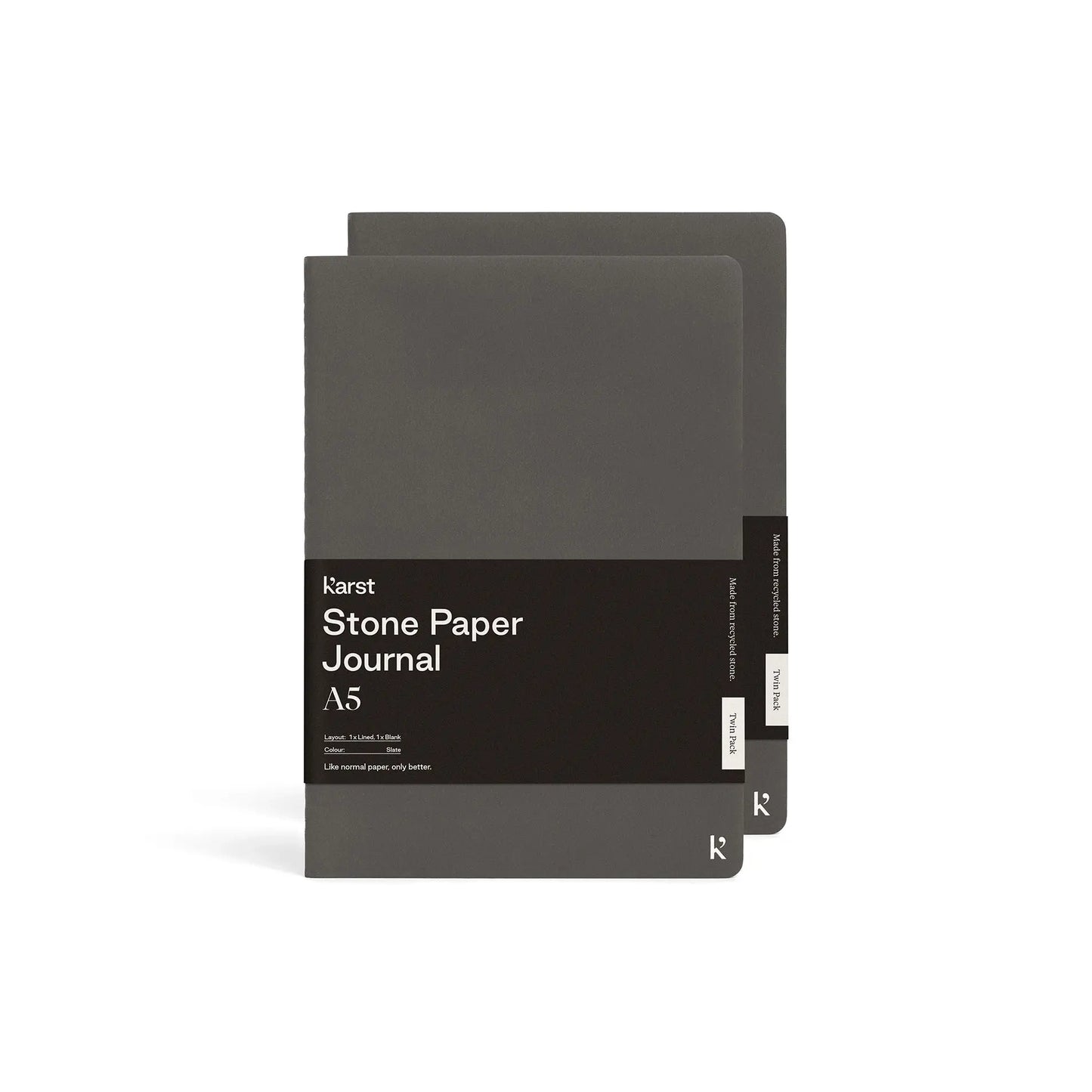 Karst stone paper journal A5 slate voorkant met label en logo