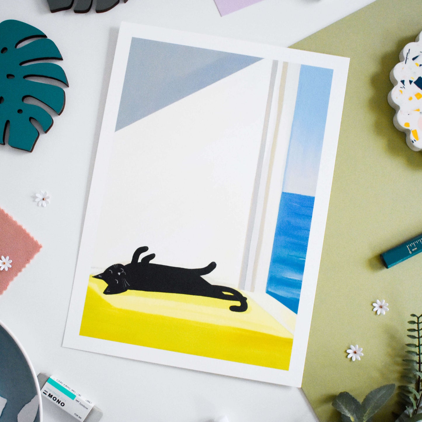 Cat baths by the sea - A4 Art print