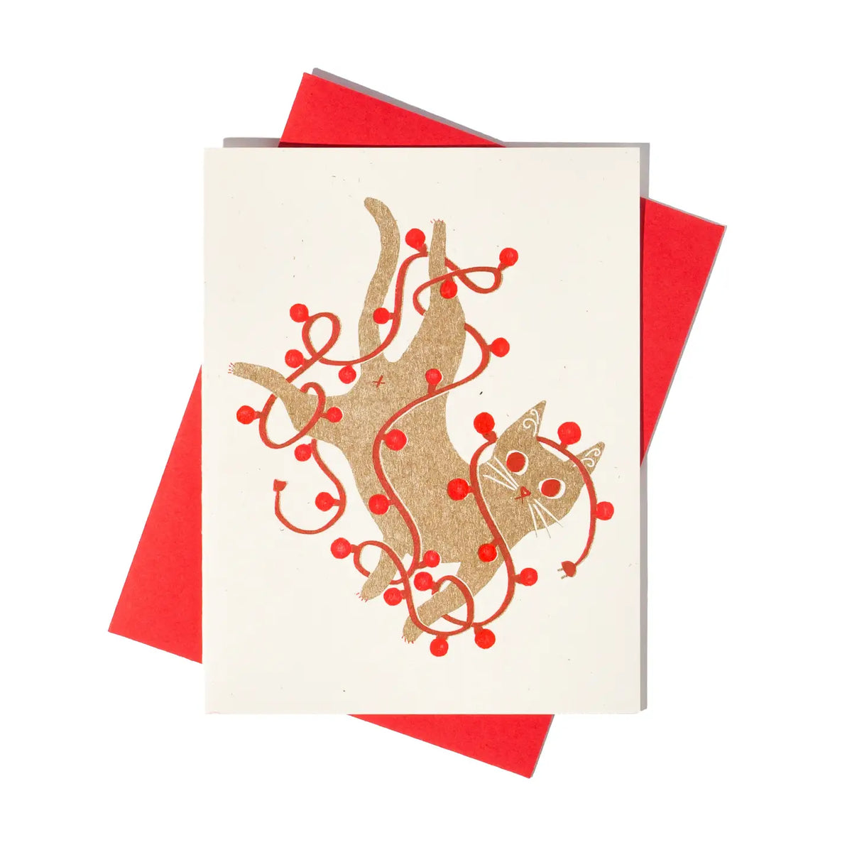 Kerstkaart Tangled String Lights Cat - Bromstad Printing Co.