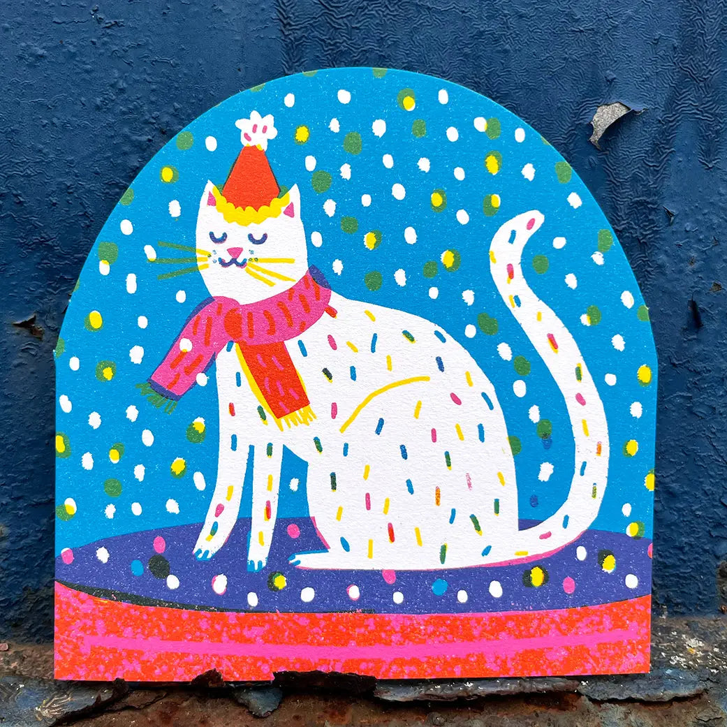 Grote wenskaart Party Cat in Blue Sneeuwbol - The Printed Peanut Stationery