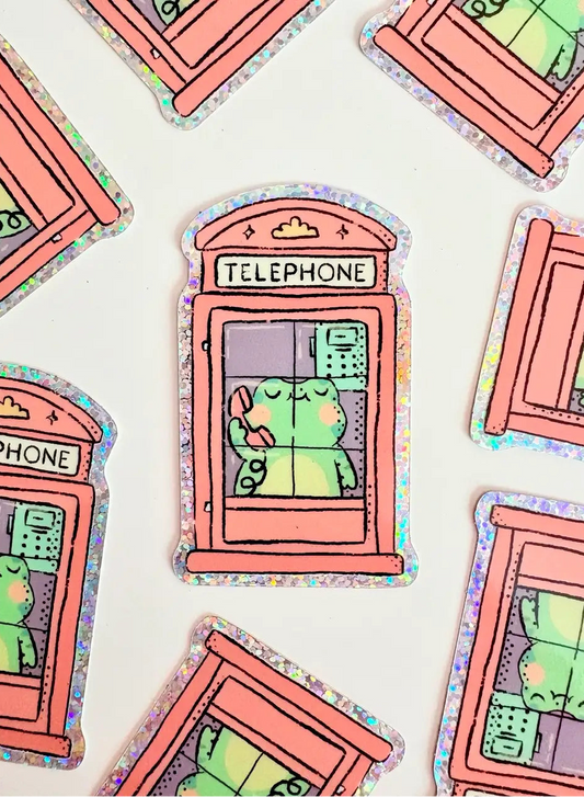 Bloemkolie Glitter Sticker - Kikker in telefooncel