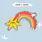 Glittery Bloemkolie sticker: a cute smiling yellow star shooting a vibrant rainbow with silver holographic edges.