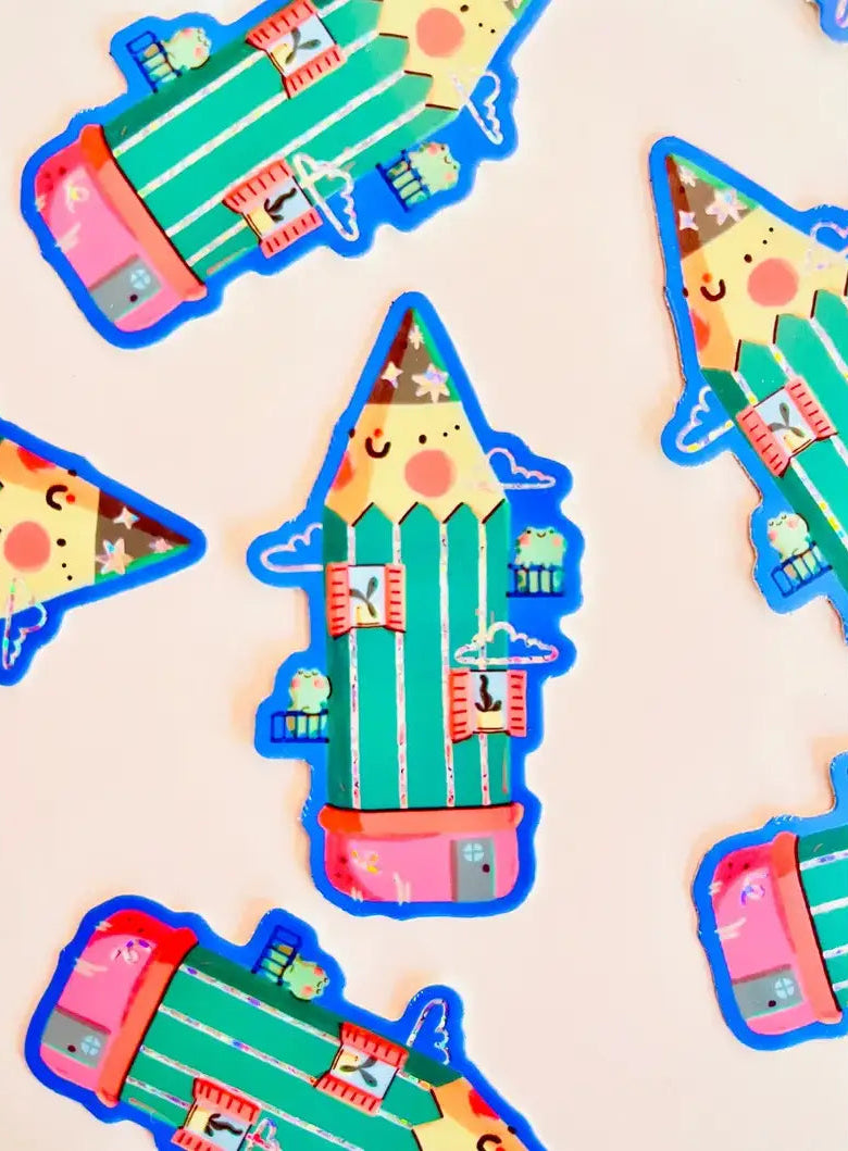 Bloemkolie Glitter Sticker - Potlood huis