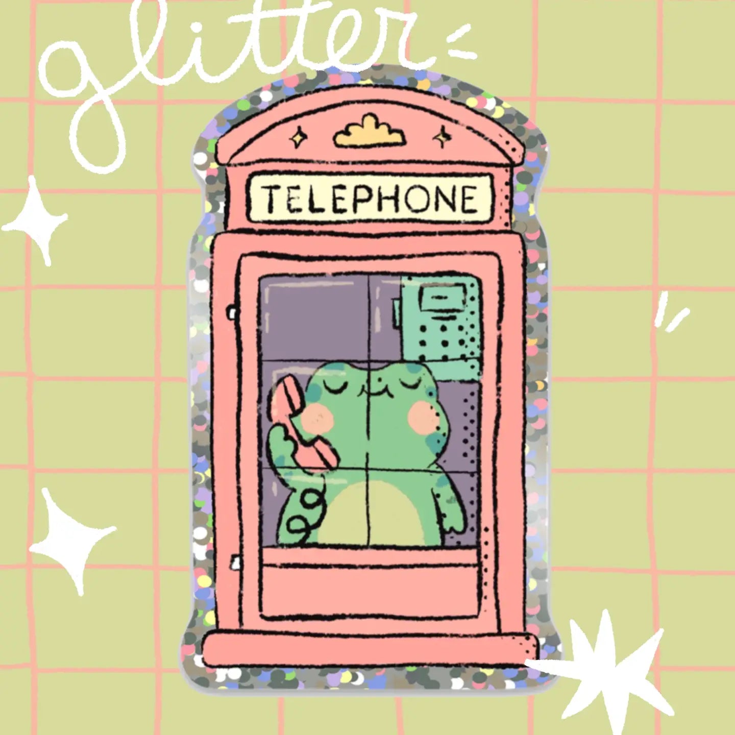 Bloemkolie Glitter Sticker - Kikker in telefooncel