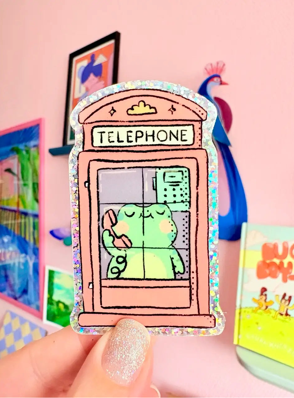 Bloemkolie Glitter Sticker - Kikker in telefooncel