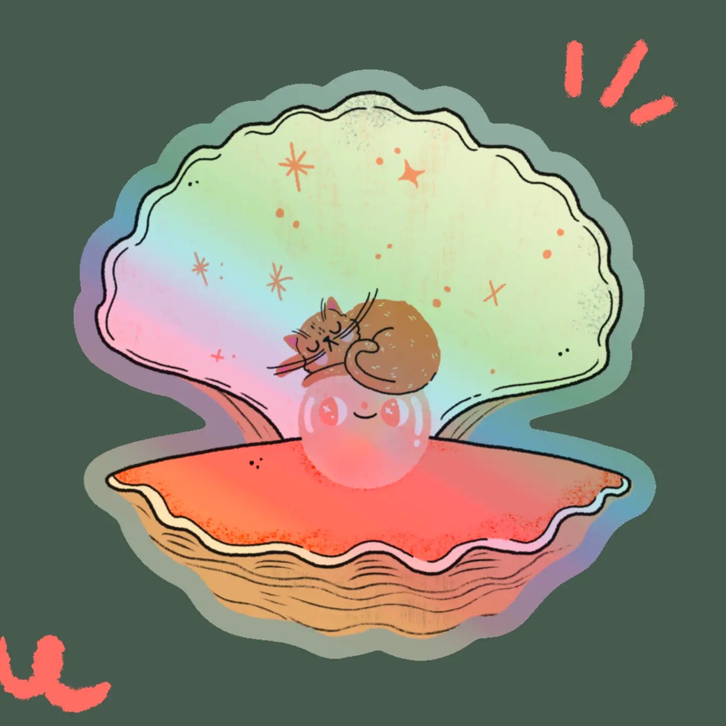 Bloemkolie Holographic Sticker - Oester met slapende kat