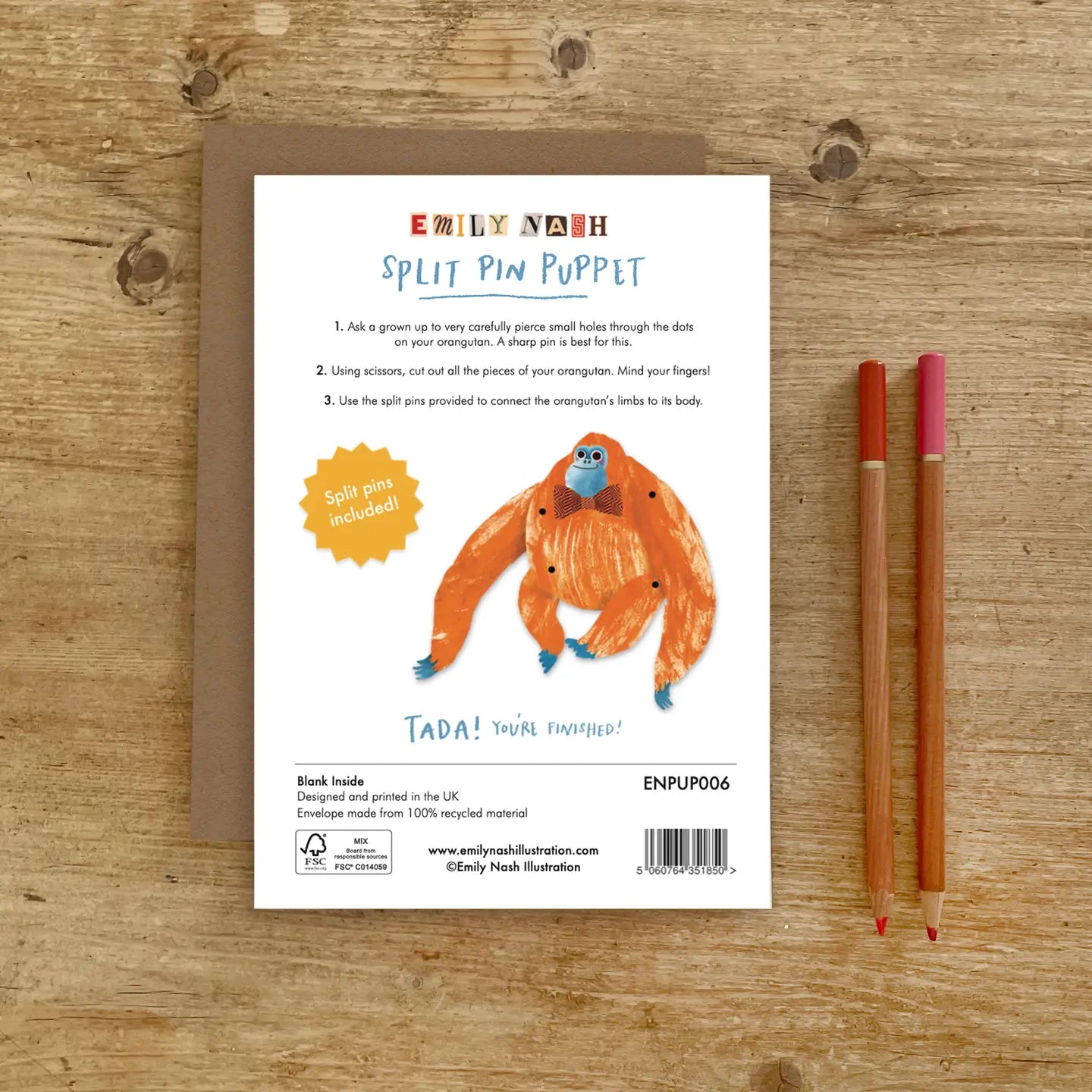 Emily Nash Geburtstagskarte A5 – Orang-Utan-Split-Pin-Figur