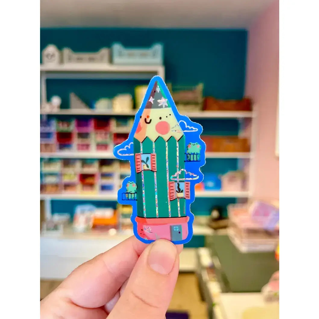 Bloemkolie Glitter Sticker - Potlood huis