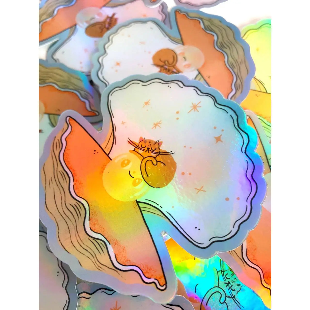 Bloemkolie Holographic Sticker - Oester met slapende kat