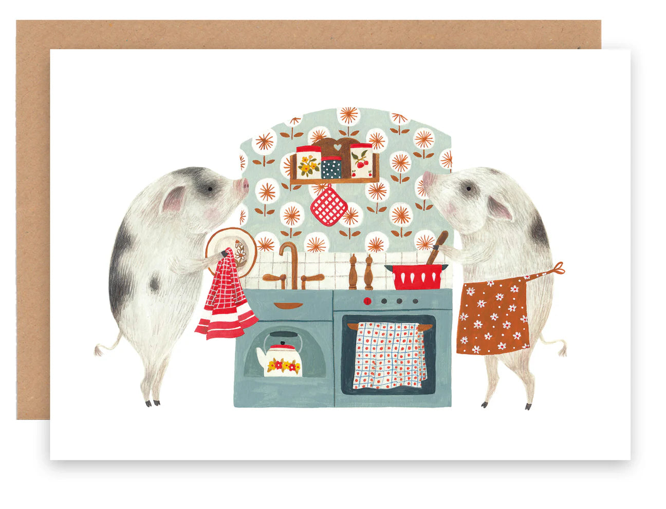 Cécile Berrubé Wenskaart - Pigs in kitchen